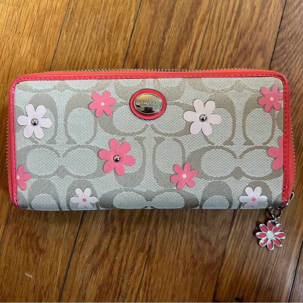 Coach floral pinkish monogram long wallet with flower charm zip